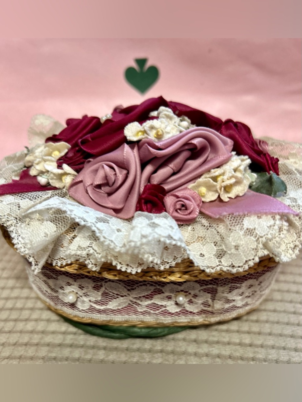 Grandma-core Vintage Wicker Trinket Box with Satin Roses and Lace